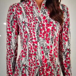 NWT IBKUL  Print Long Sleeve Mock Neck Top in Kamila Red and Black XS